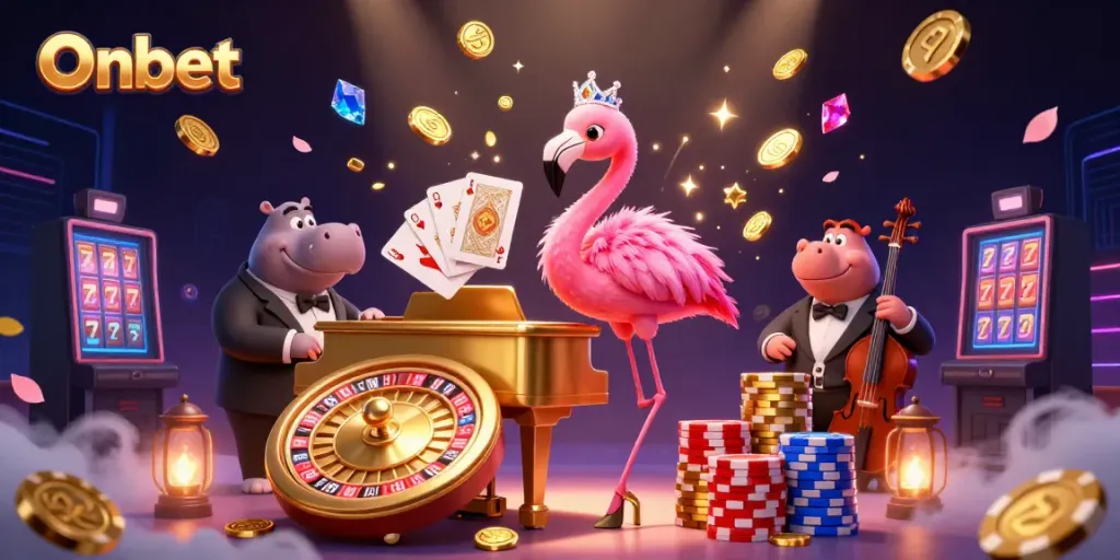 Engage with Onbet, a vibrant 3D casino scene featuring a flamingo singer and hippo bassist.