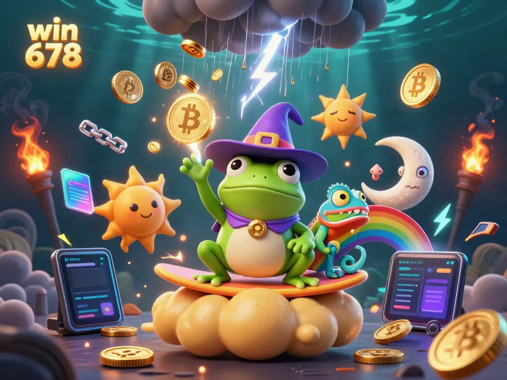 Win 678 illustration showcasing a whimsical scene of a frog and chameleon amidst golden coins, highlighting engaging gameplay.