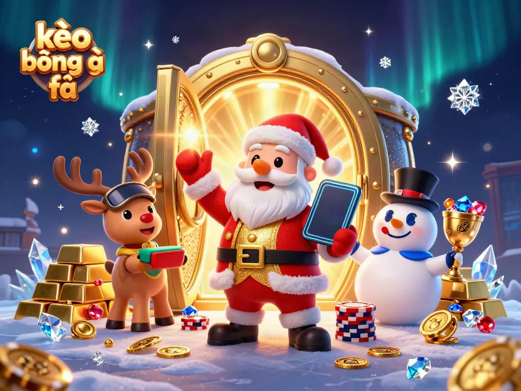 Bet on kèo bóng đá with Santa, his reindeer dealer, and a poker chip snowman in a vibrant casino.