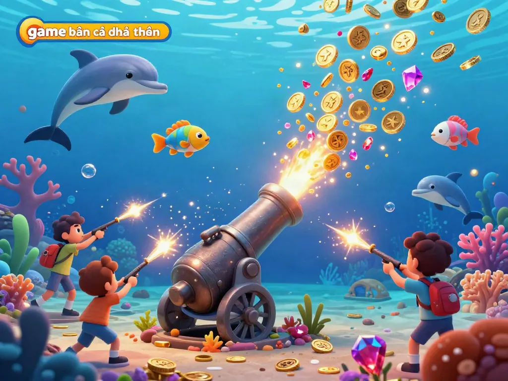 Engage in game bắn cá đổi thưởng, aiming at targets alongside colorful sea creatures and diving dolphins.
