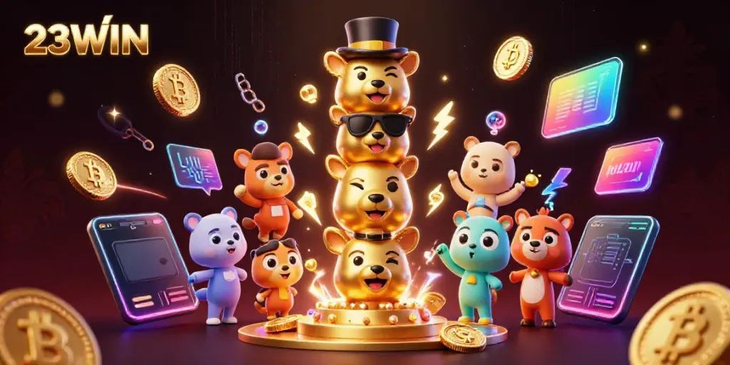 Experience the vibrant world of 23WIN with dynamic casino elements and crypto visuals.