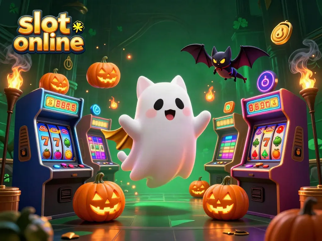 Play exciting slot online games in this vibrant haunted casino scene featuring a friendly ghost cat.