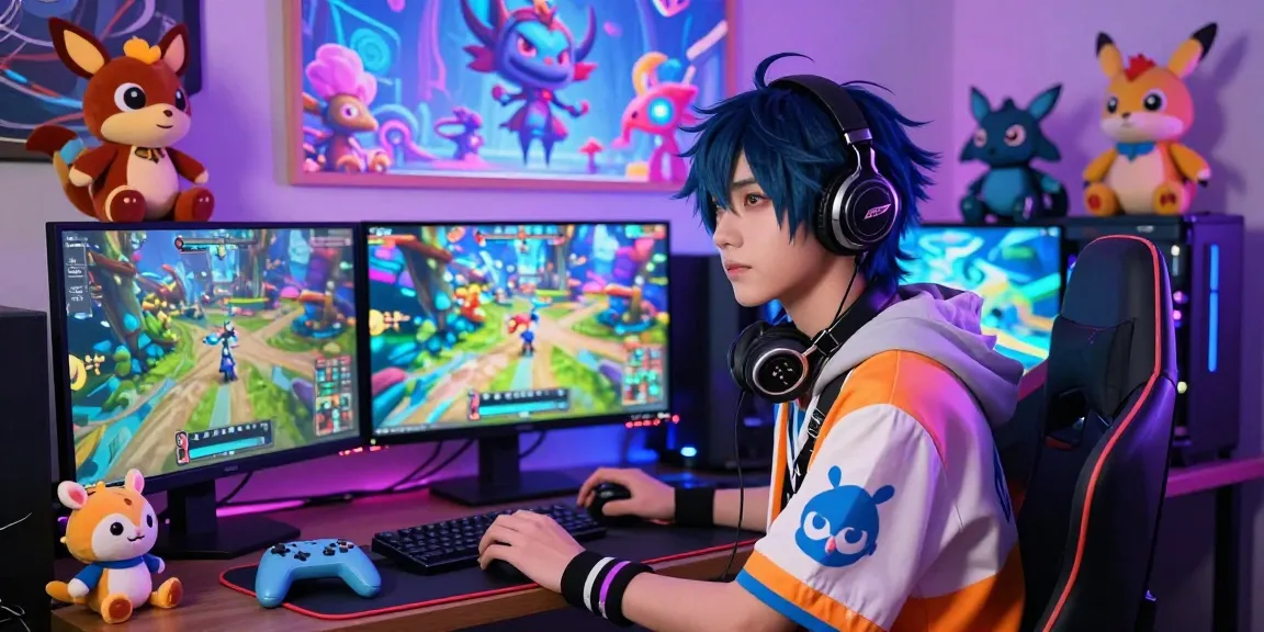 Dynamic scene depicting femboy hentai games character in colorful fantasy environment, engaging with magical elements.