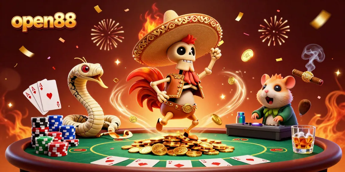 Engage with open88 at an exciting casino scene featuring a skeleton rooster, mummy snake, and hamster DJ.