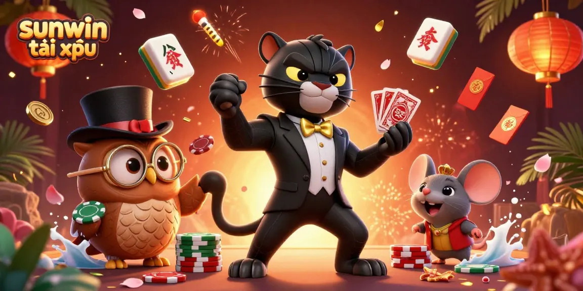 Engage in sunwin tài xỉu with a stylish panther dealer, cute owl, and lucky mouse in a vibrant casino scene.