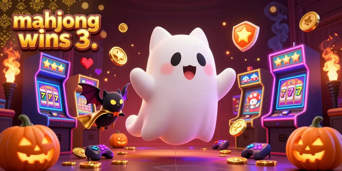 Experience excitement with mahjong wins 3 in this vibrant casino illustration featuring a ghost cat and glowing slot reels.