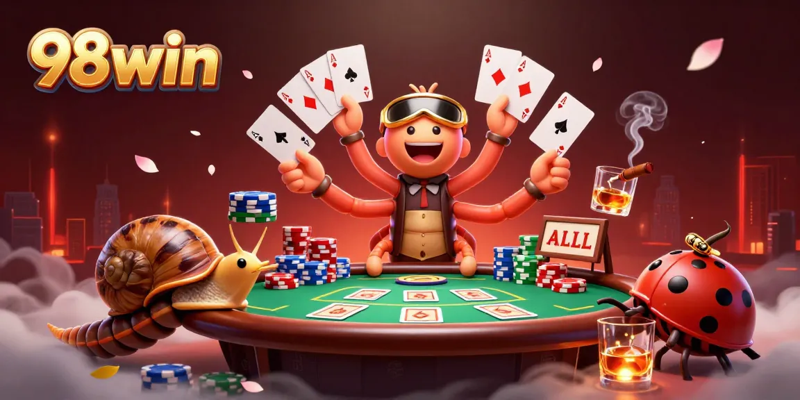 Experience thrilling poker action with 98win, featuring a vibrant dealer and dynamic gameplay elements.