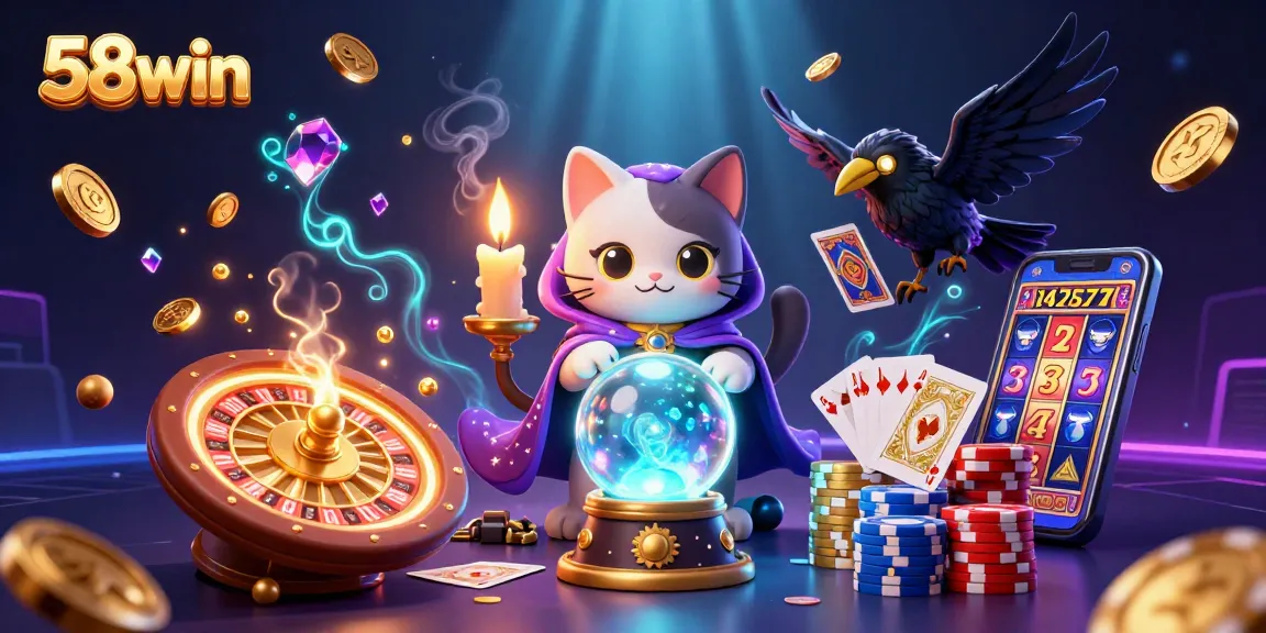 Experience vibrant gambling at 58win with a mystic cat, tarot raven, and gold coins flowing.