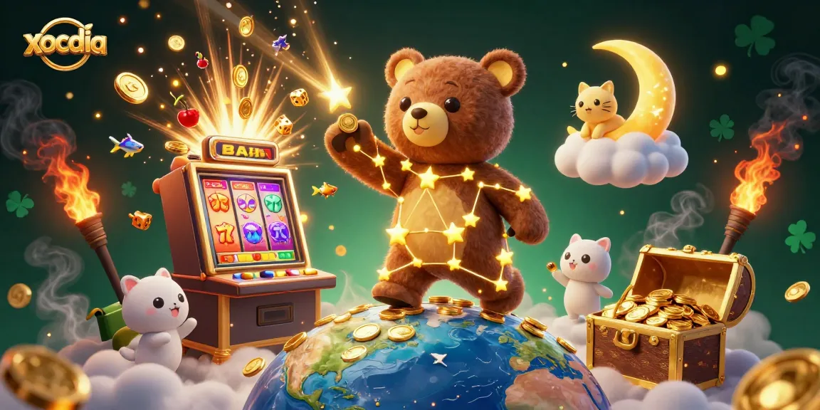 Engage in exciting xocdia challenges with a vivid 3D illustration of stars, slots, and treasures.