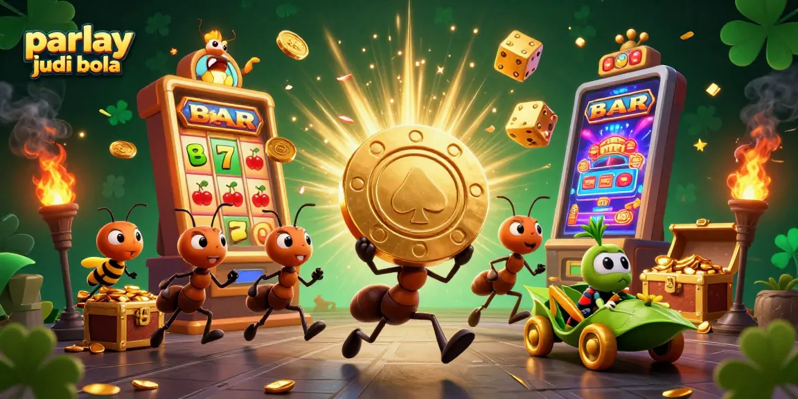 Experience the thrill of parlay judi bola with a dynamic scene of ants in a heist, surrounded by vibrant casino elements.