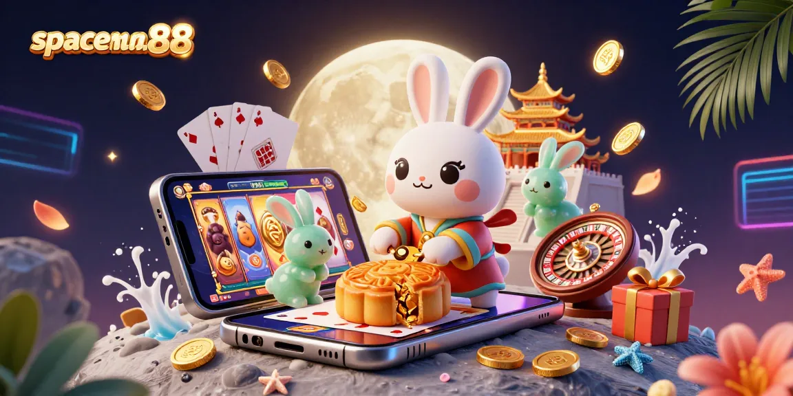 Experience thrilling wins with spaceman88 in a vibrant slot scene featuring a moon rabbit and casino symbols.