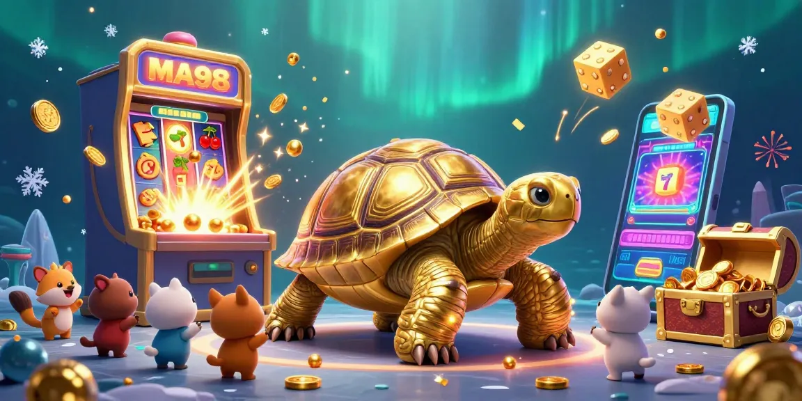 M98 invites excitement as a colossal tortoise pinball machine entertains players in a colorful casino scene.