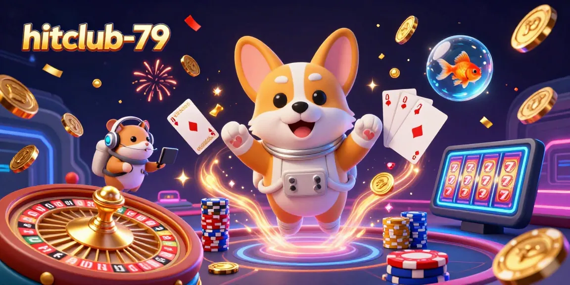 Experience casino fun with hitclub-79 as a cartoon astronaut corgi navigates a floating space station filled with games.