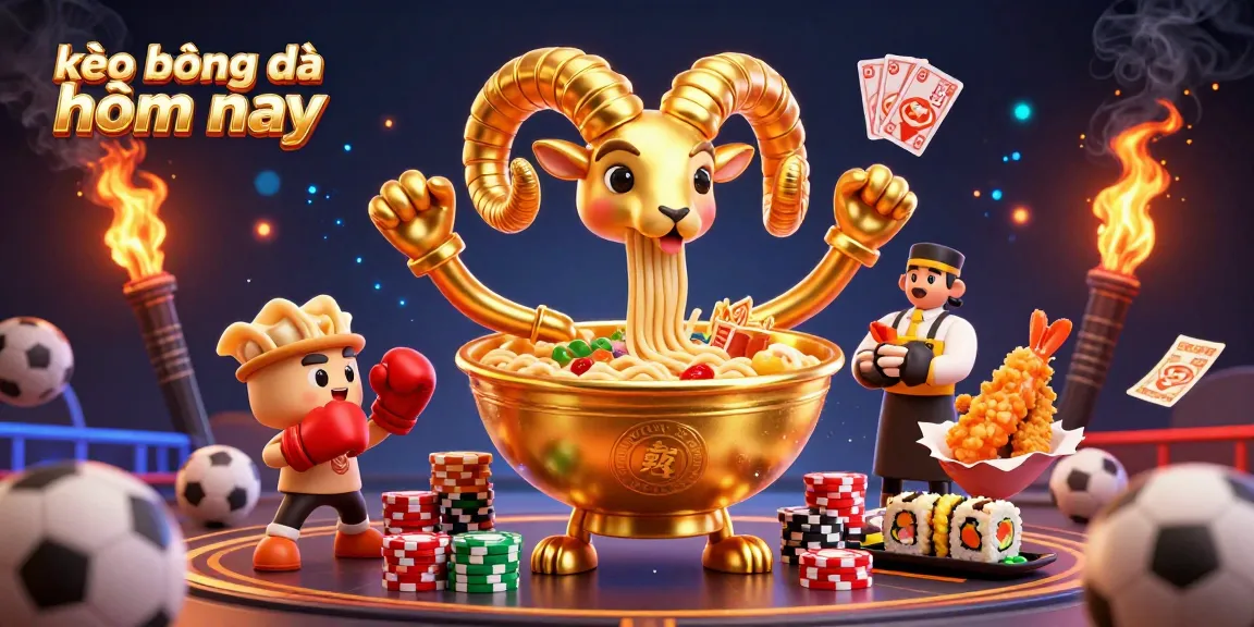 Engage with kèo bóng đá hôm nay by exploring dynamic sports betting scenes featuring a giant ramen bowl character.